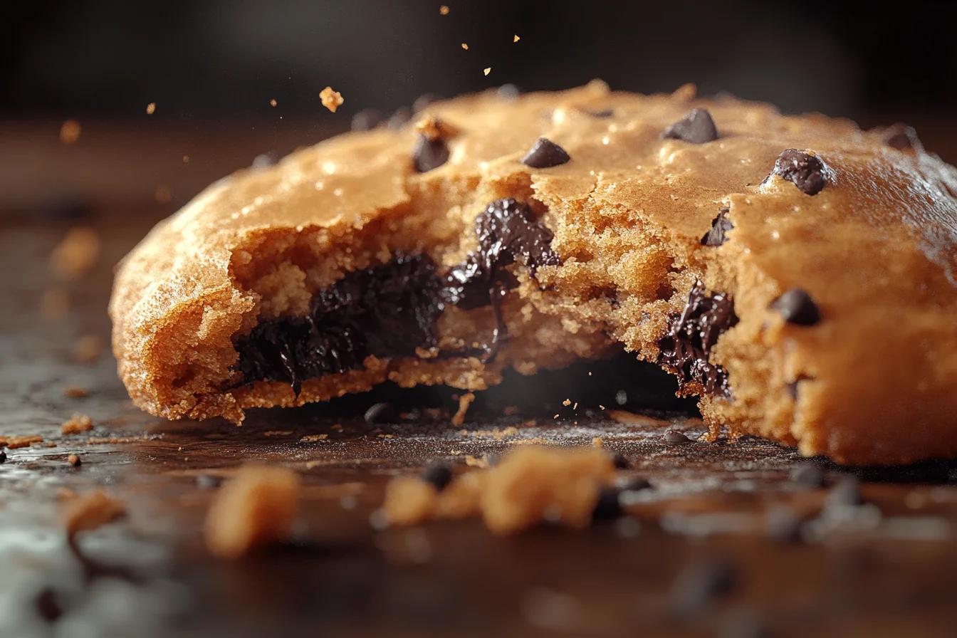 Close-up of a broken chocolate chip cookie showing a soft, chewy interior with melting chocolate chips