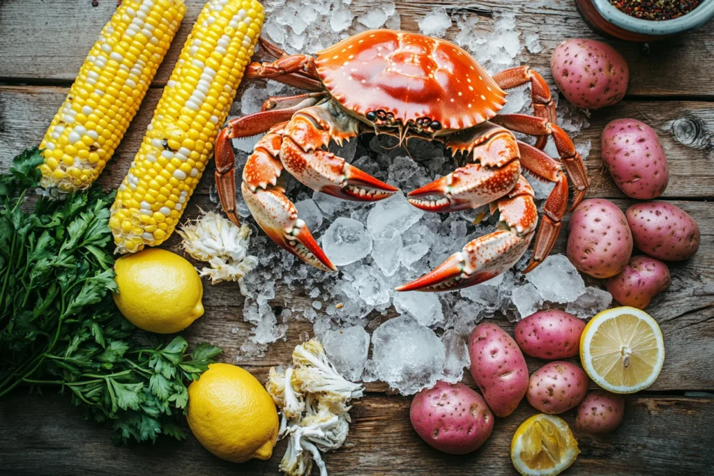 Fresh ingredients for a crab boil: live crabs, lemons, corn, potatoes, and spices.