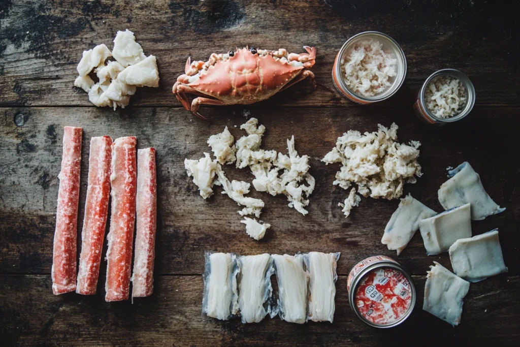 A flat lay showing different forms of crab meat: fresh whole crab, canned crab meat, and imitation crab sticks