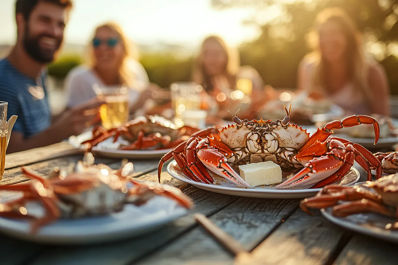 Friends enjoying a crab feast outdoors.