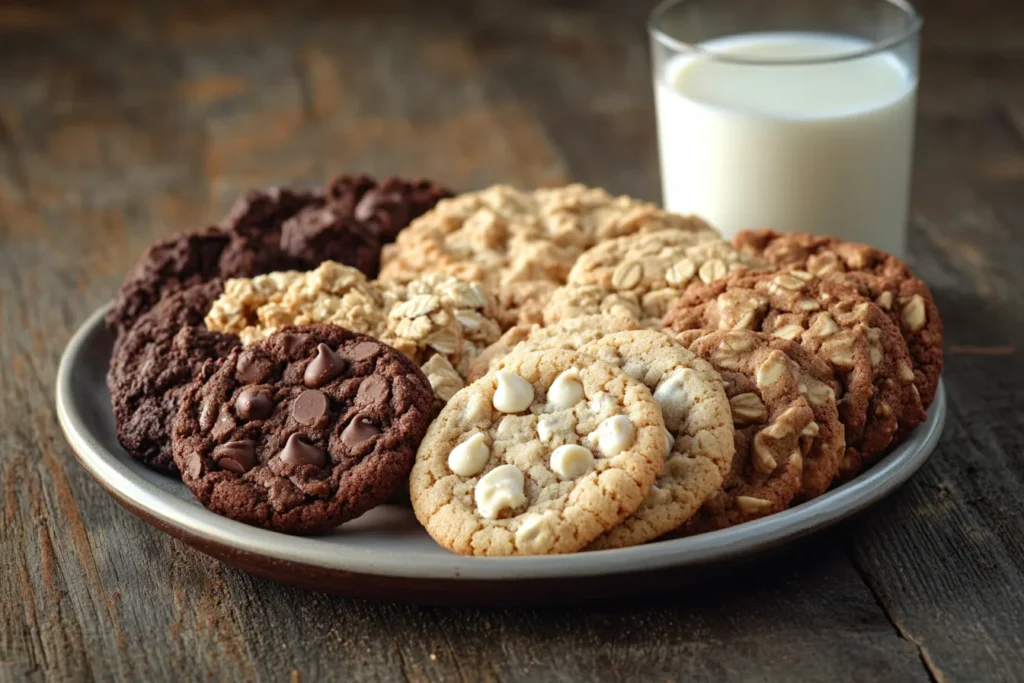 A plate of assorted soft and chewy cookies, including chocolate chip, oatmeal raisin, and peanut butter cookies, with a glass of milk.