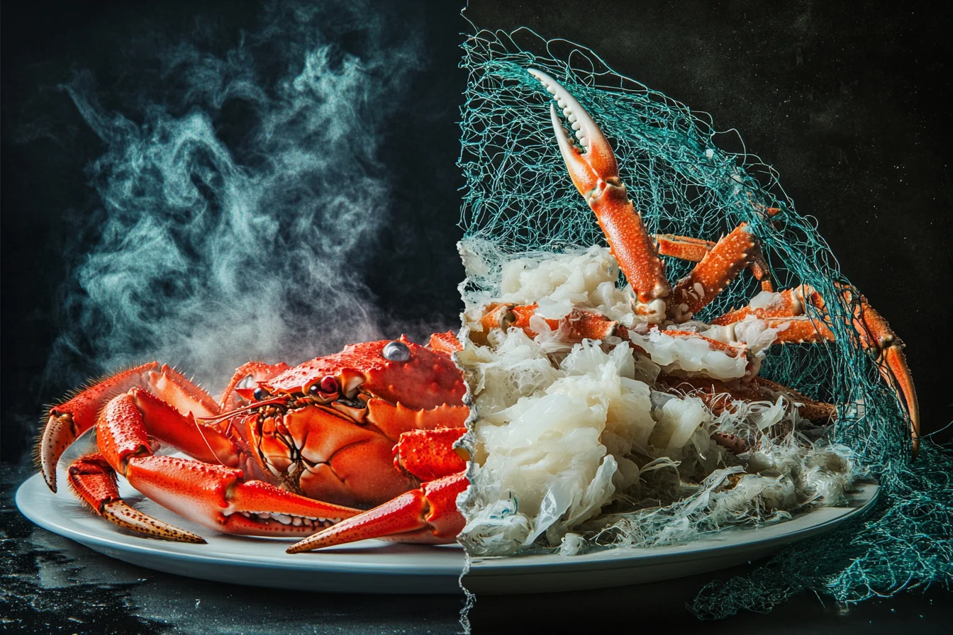 A split image depicting the duality of crab consumption: culinary appeal on one side and environmental impact on the other