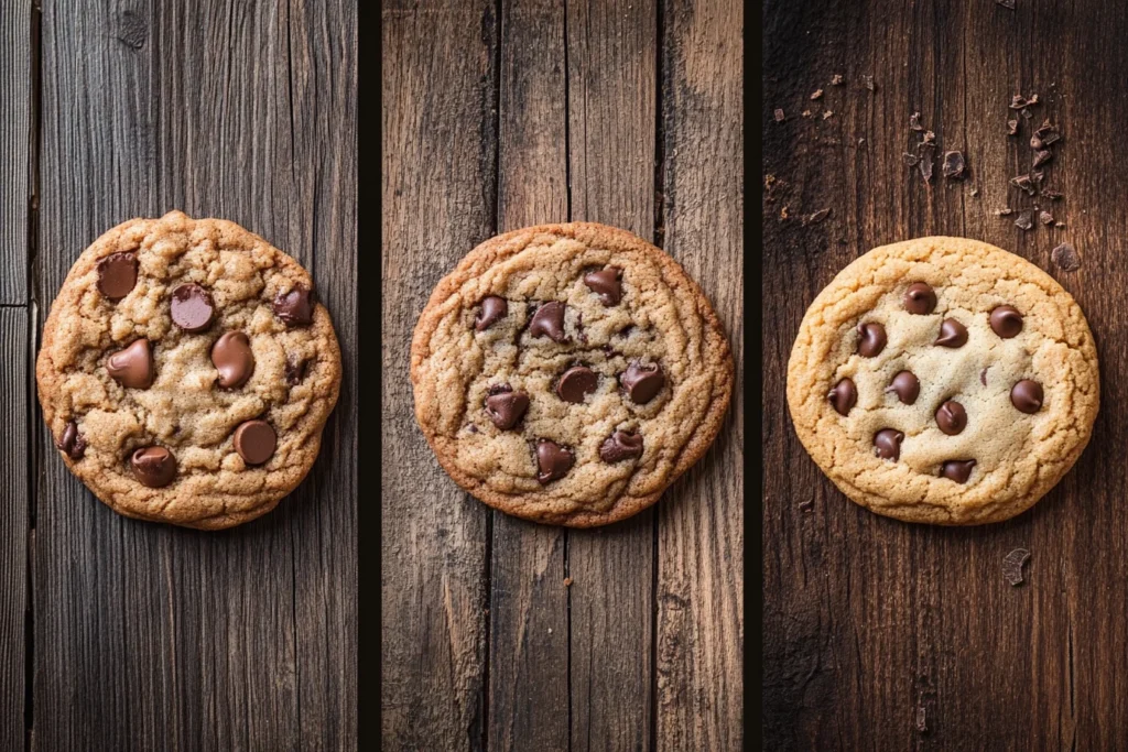 Three stacks of chocolate chip cookies representing Nestlé Toll House, Chips Ahoy!, and Tate's Bake Shop, showcasing their different textures