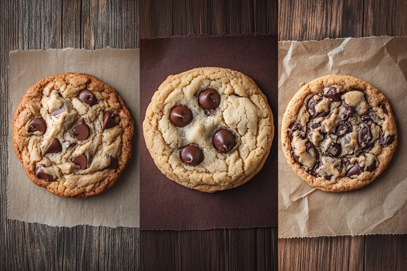 Three stacks of chocolate chip cookies representing Nestlé Toll House, Chips Ahoy!, and Tate's Bake Shop, showcasing their different textures
