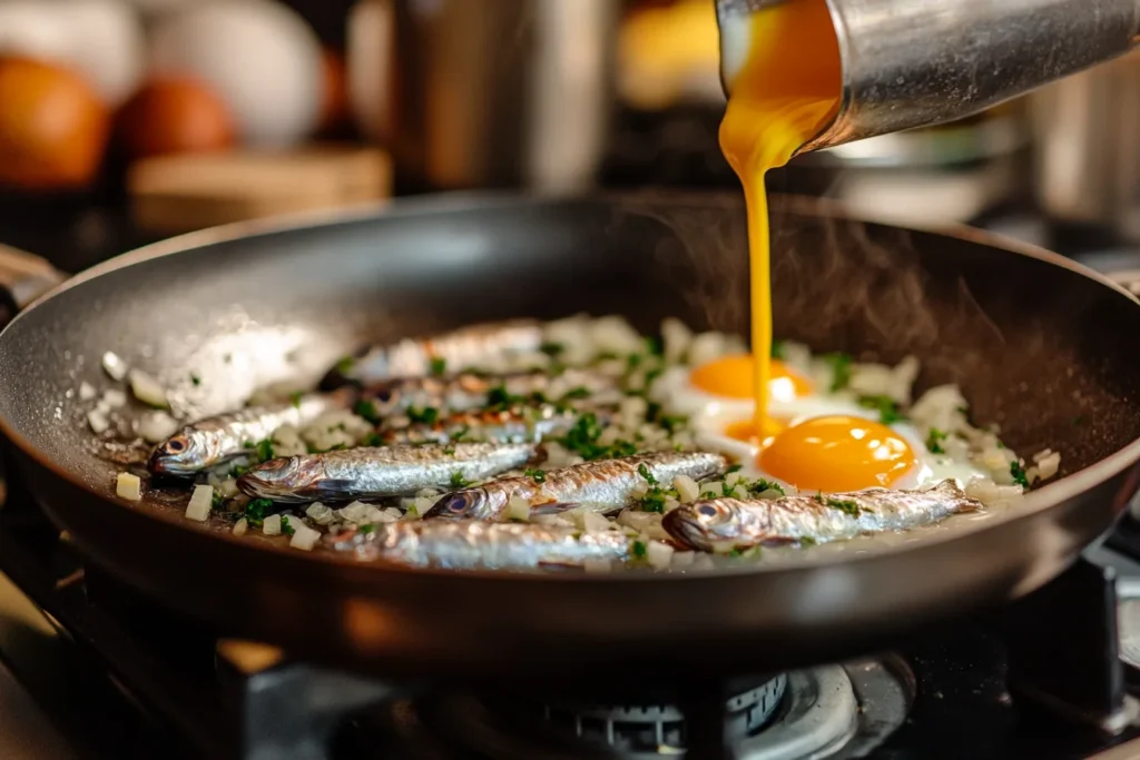 A beautifully styled dish of sardinas and egg