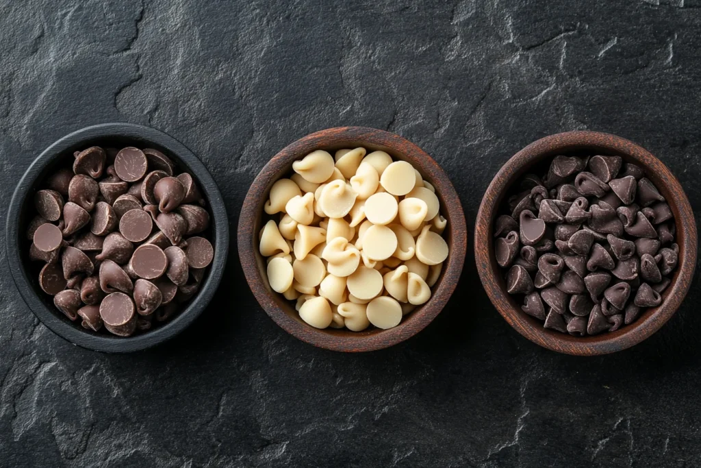 Three bowls containing different chocolate types: semi-sweet chips, small uniform chips, and dark chocolate shavings.