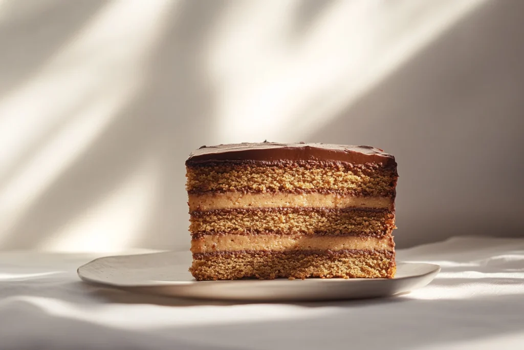 A slice of the Matilda Cake showing its moist layers.