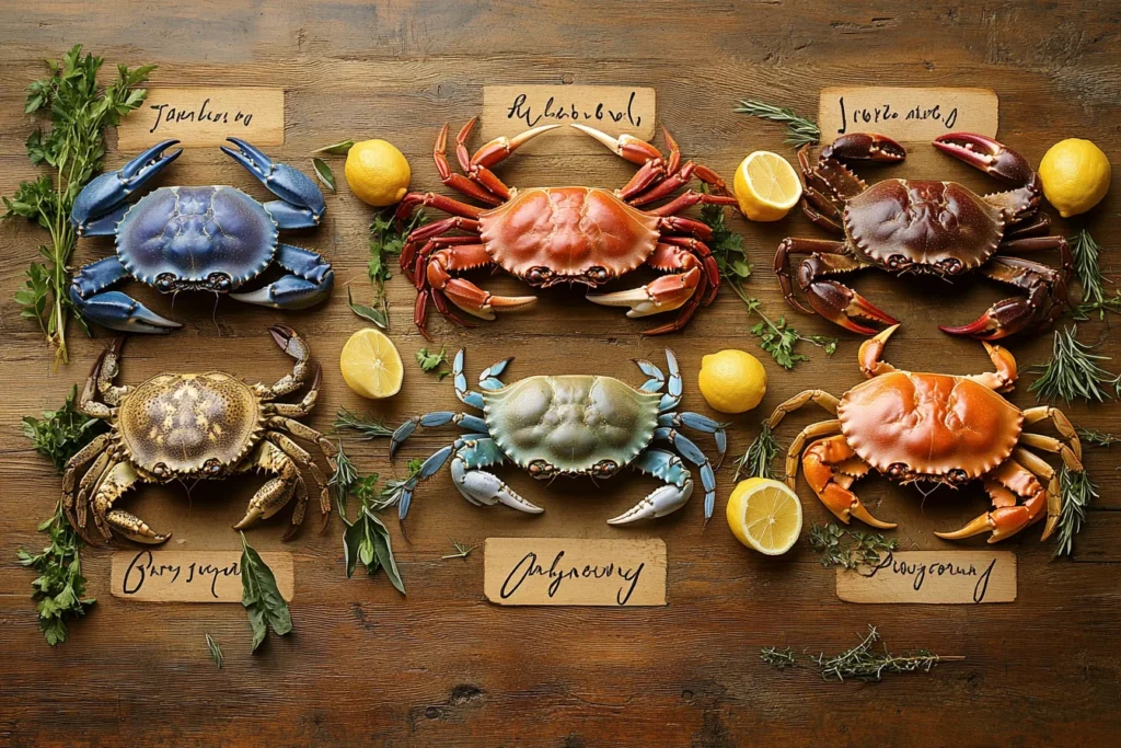 A variety of edible crabs displayed on a wooden table, including blue crabs, Dungeness crabs, king crabs, and snow crabs, surrounded by lemon slices and fresh herbs