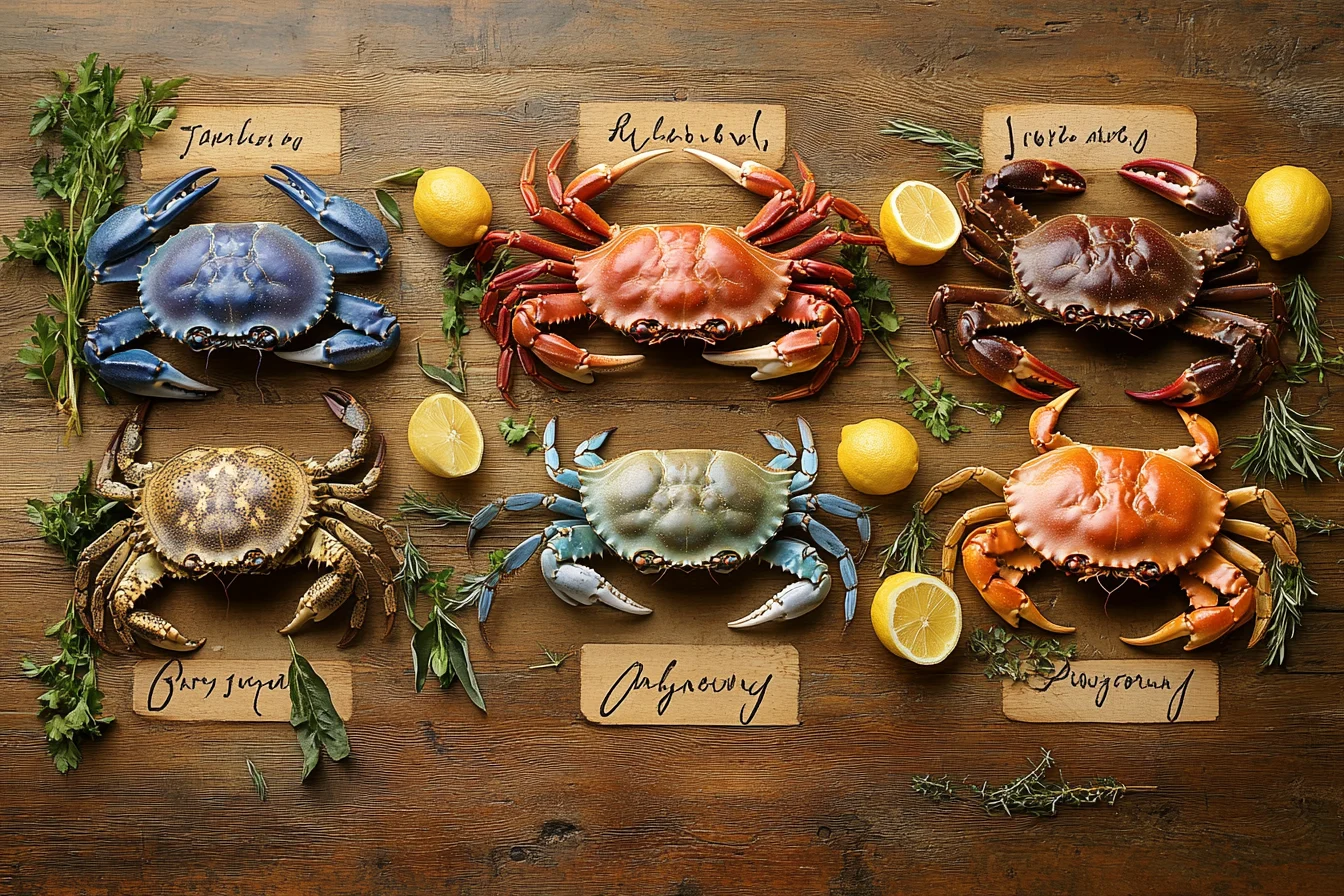 A variety of edible crabs displayed on a wooden table, including blue crabs, Dungeness crabs, king crabs, and snow crabs, surrounded by lemon slices and fresh herbs