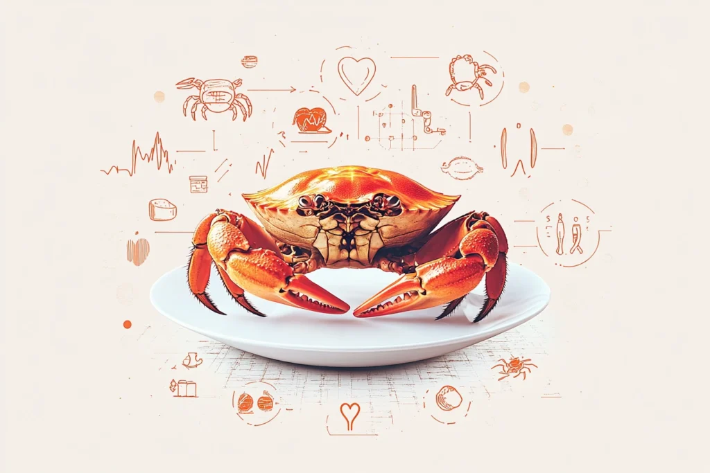 A steamed crab on a white plate, accompanied by health symbols like a heart, muscle icons, and illustrations representing high protein, omega-3 fatty acids, selenium, and zinc

