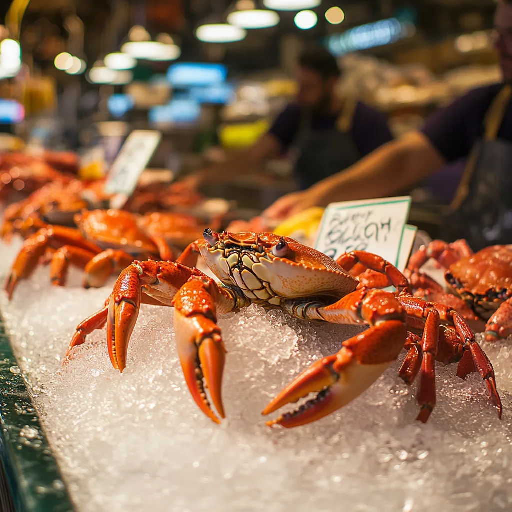 Fresh crabs on ice at a seafood market, labeled as sustainably sourced, with a fisherman in the background and eco-friendly certifications visible.

