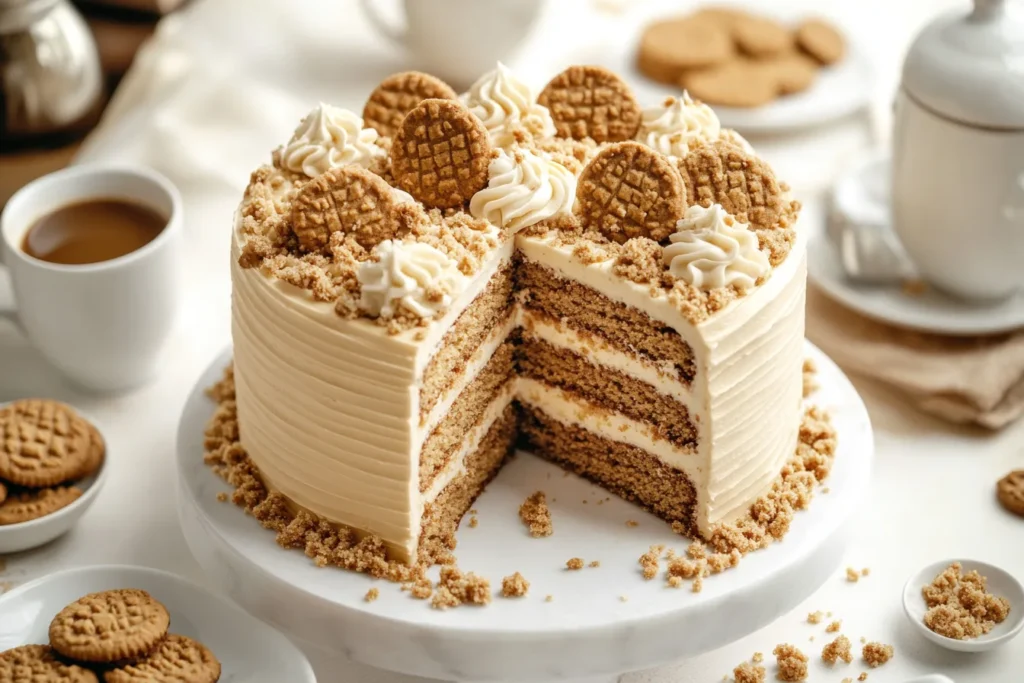 Delicious cookie butter cake on a white plate
