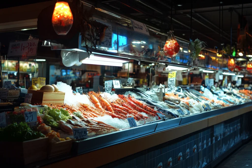 Seafood displayed on ice at a market.