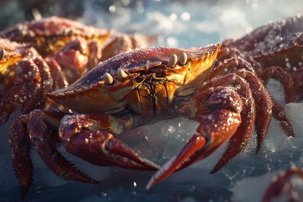 Fresh crab displayed on ice.