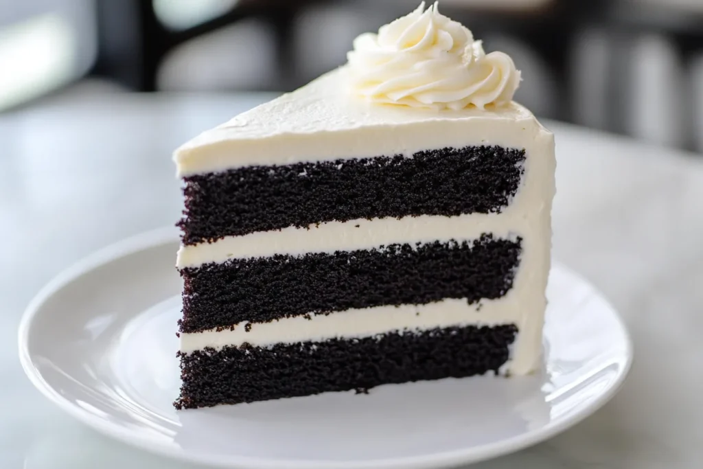 Tuxedo Cake on a white plate.