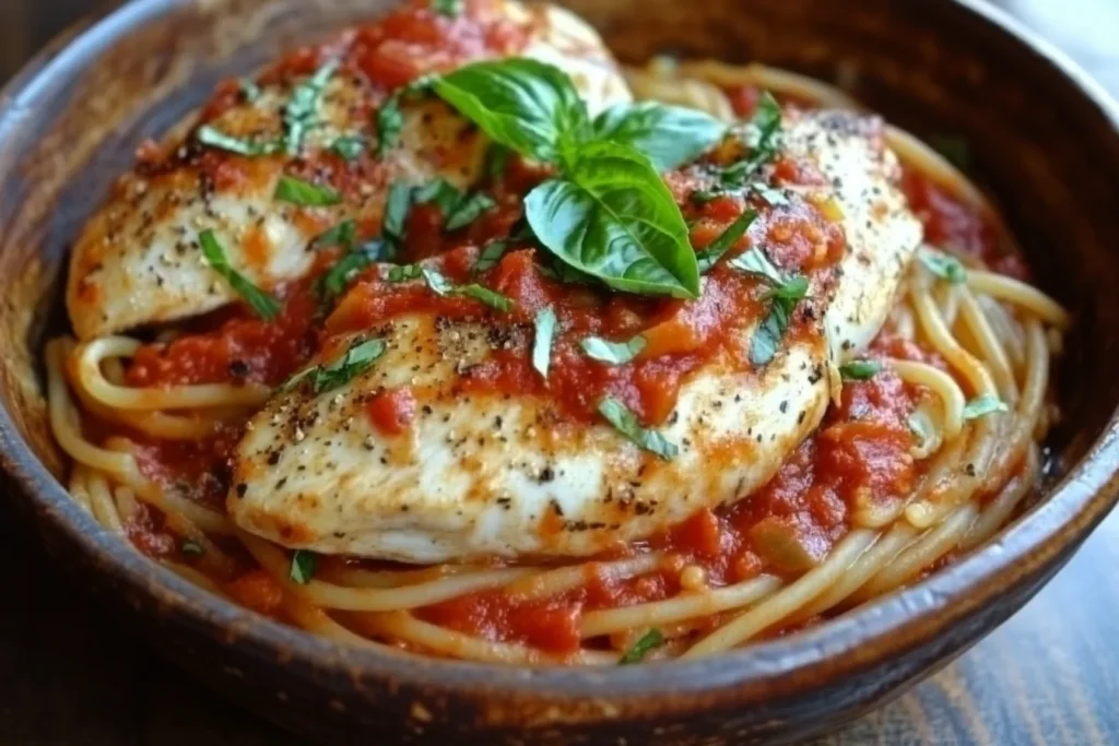 A plate of delicious chicken marinara with pasta.