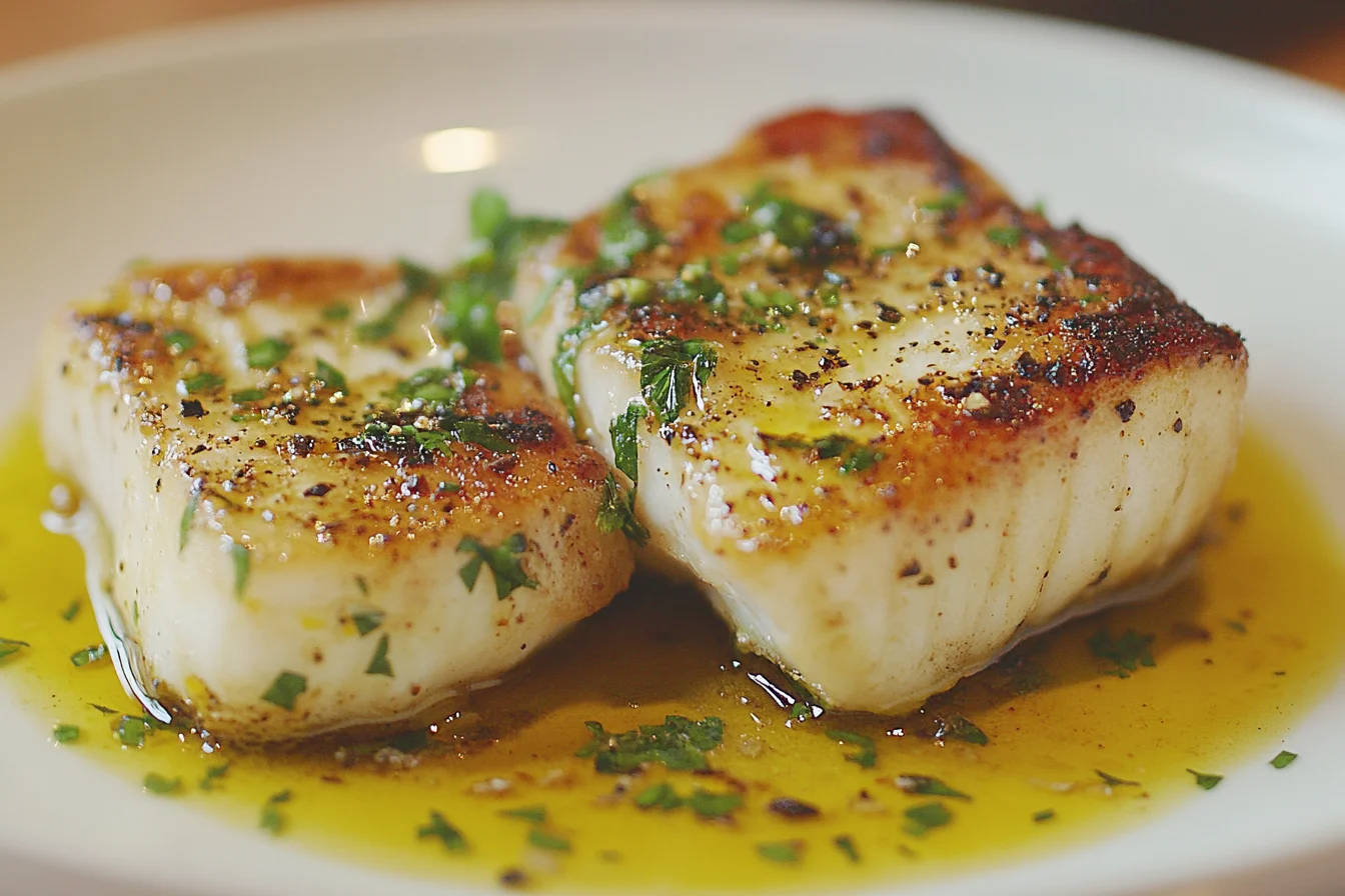 A cooked pollock fish fillet, ready to serve.