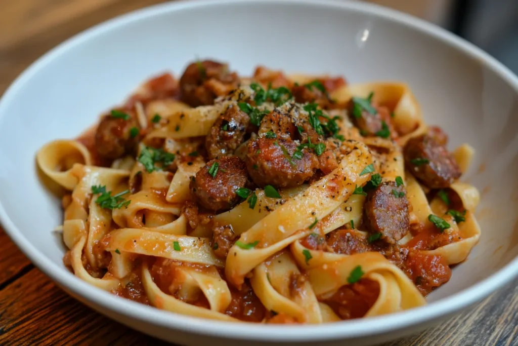 Delicious spicy sausage pasta served in a bowl.
