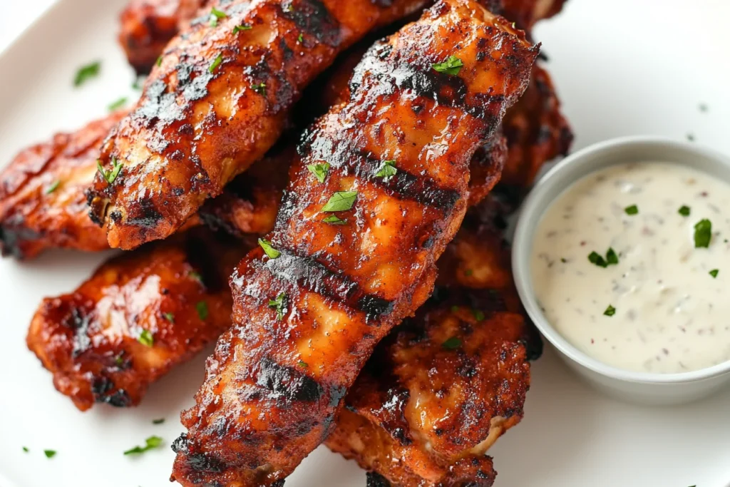 Hot honey chicken tenders on a plate, ready to eat.