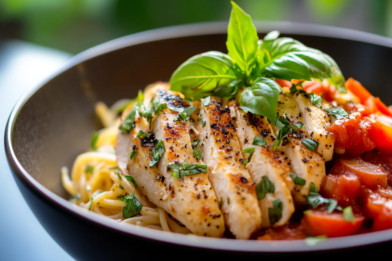 Delicious rotisserie chicken marinara pasta