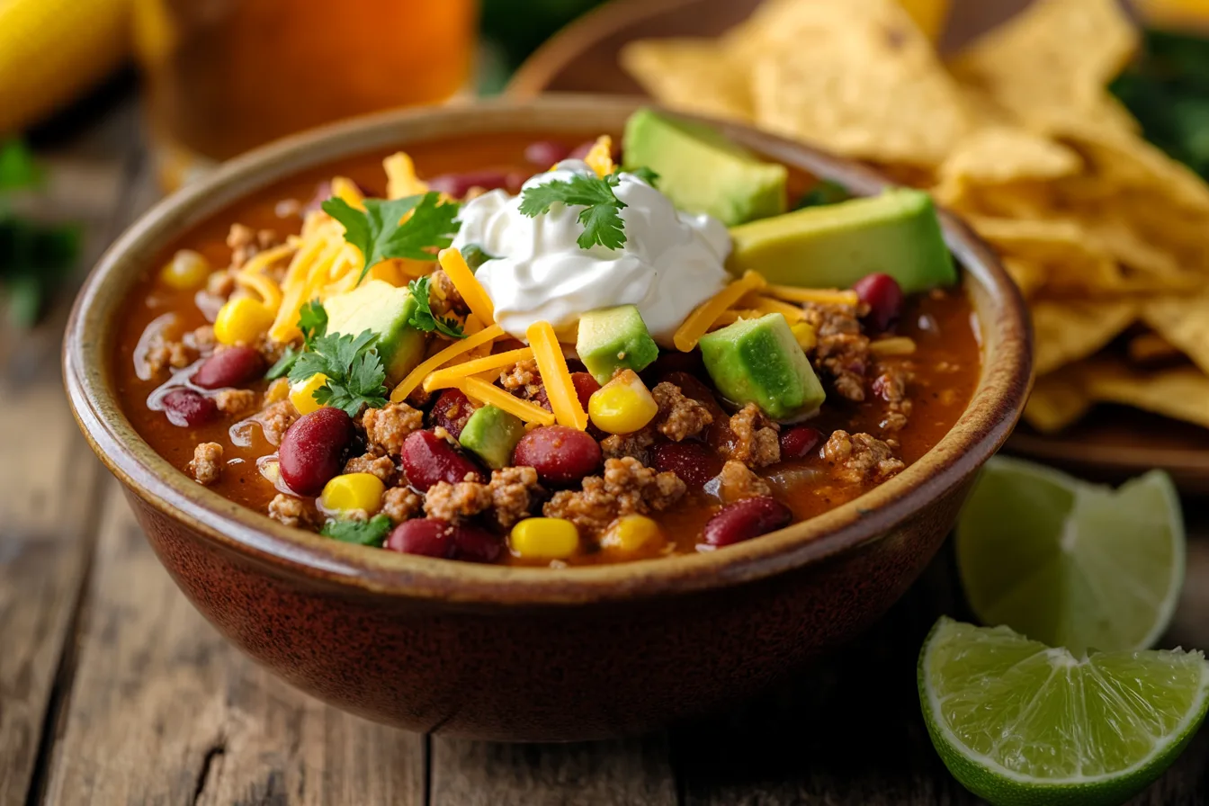 Taco Soup Frios in a Glass Bowl.