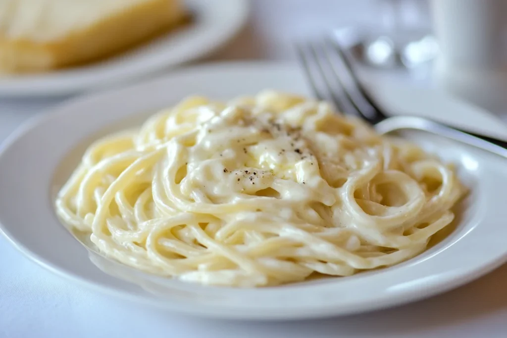 Creamy Alfredo spaghetti served in a white bowl.