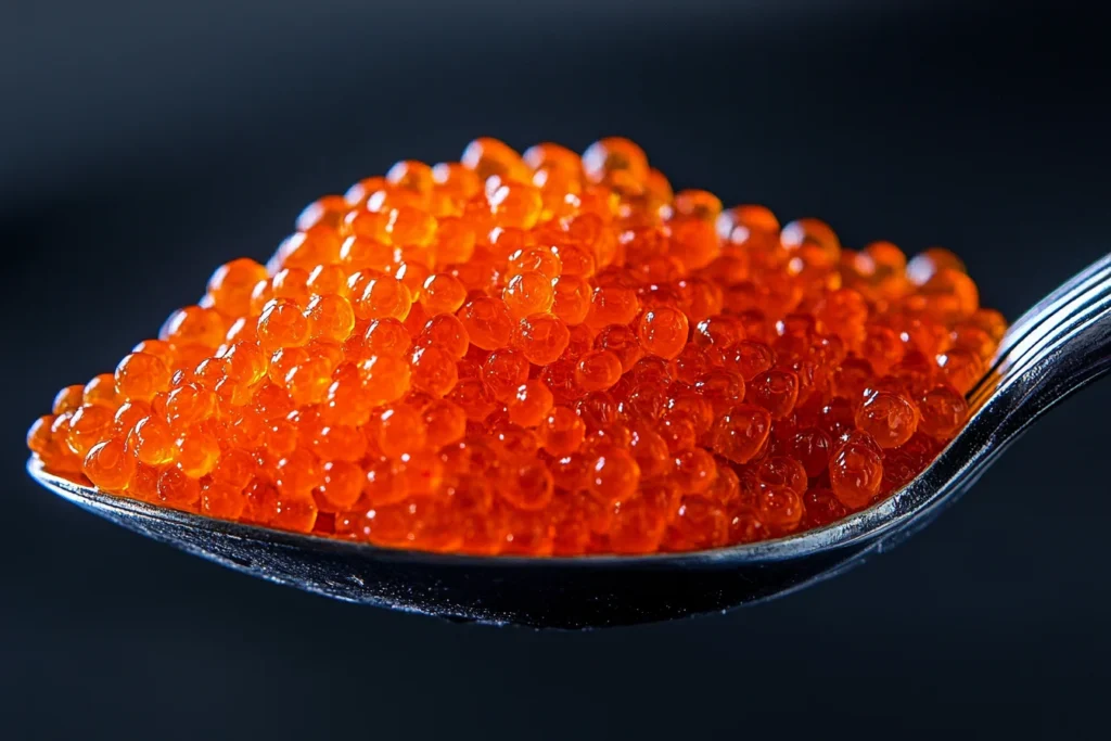Close-up of is tobiko actually fish eggs, bright orange fish roe.