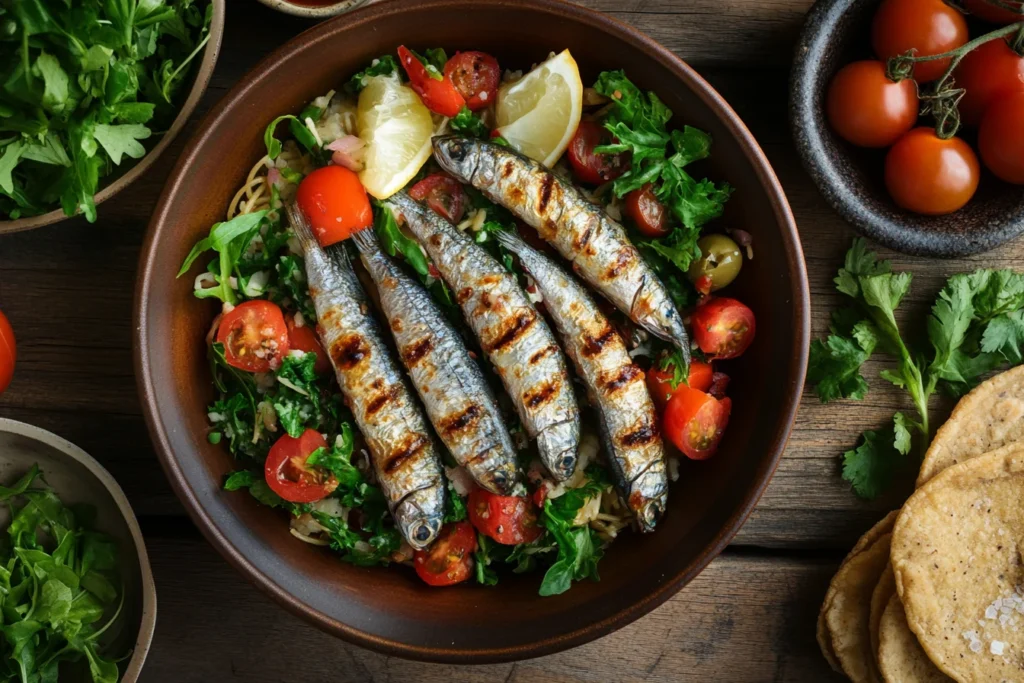 Delicious sardine pairings on a plate.
