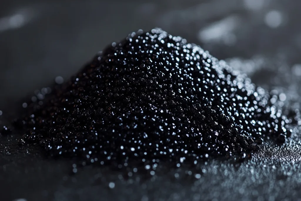 Close-up of shiny black tobiko fish roe.