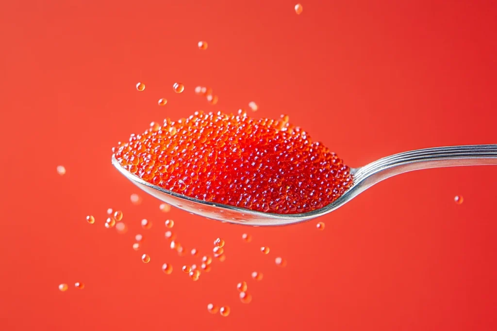 Close-up of bright orange tobiko fish roe.