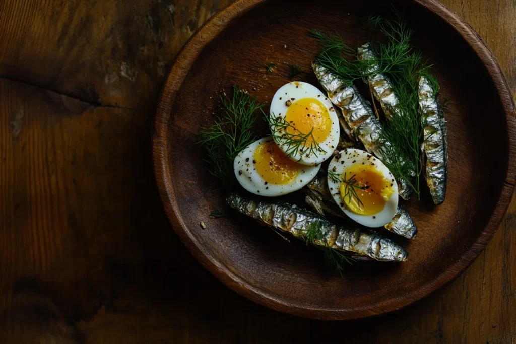 Sardines with egg on toast, a healthy meal.