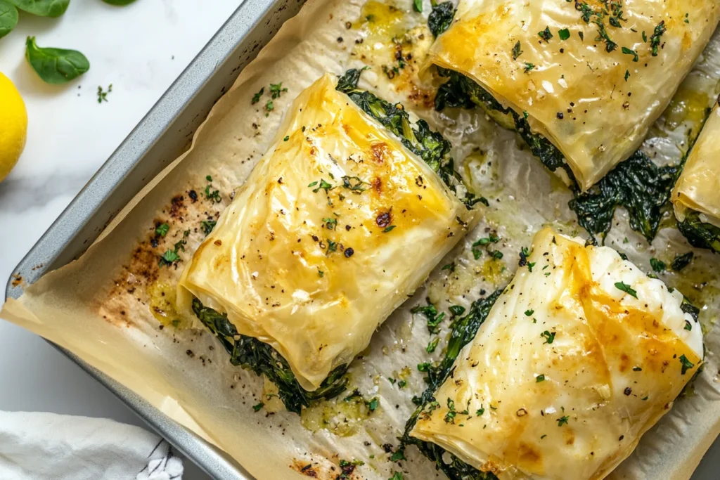 Halibut and spinach wrapped in filo, a close-up of the flaky pastry.