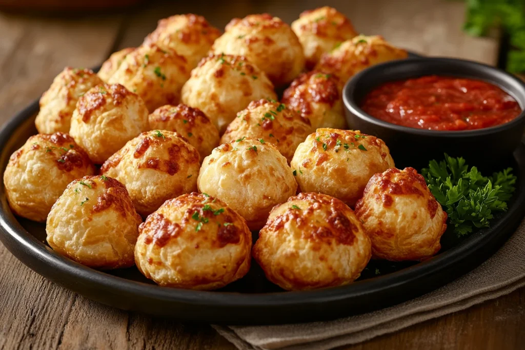 Freshly baked pizza puffs on a plate.