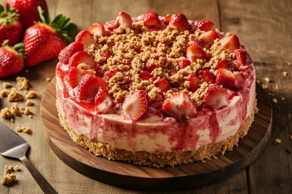 Delicious homemade strawberry crunch cheesecake