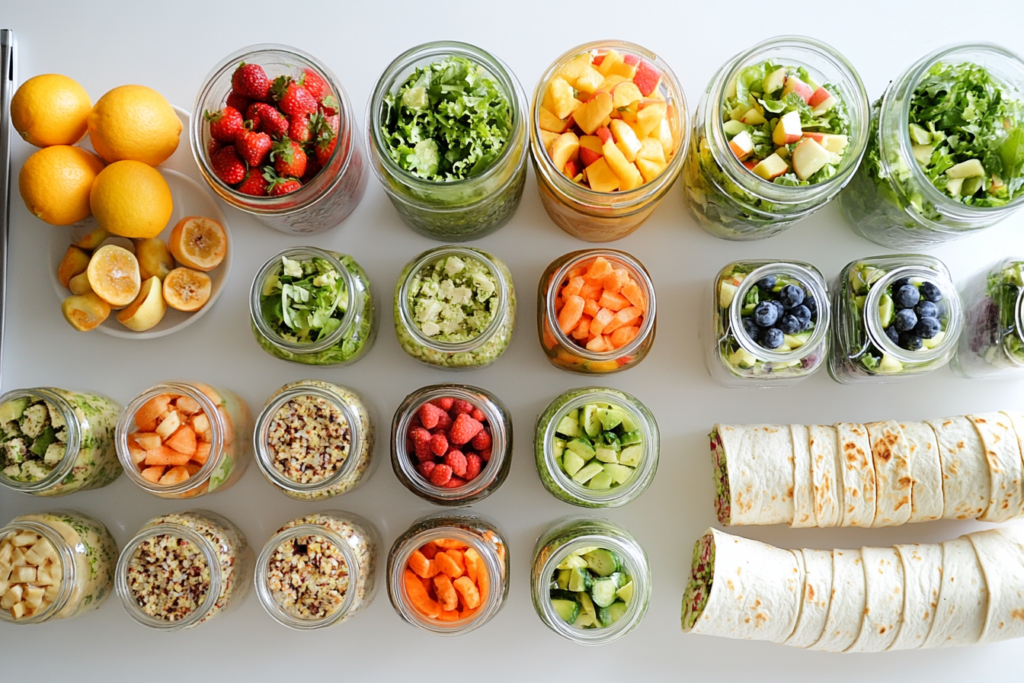 A variety of healthy no-cook lunch ideas displayed on a table.