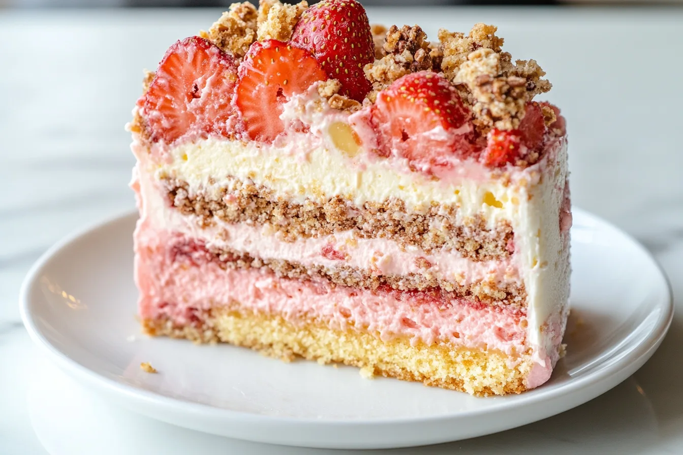 Delicious homemade strawberry crunch cheesecake