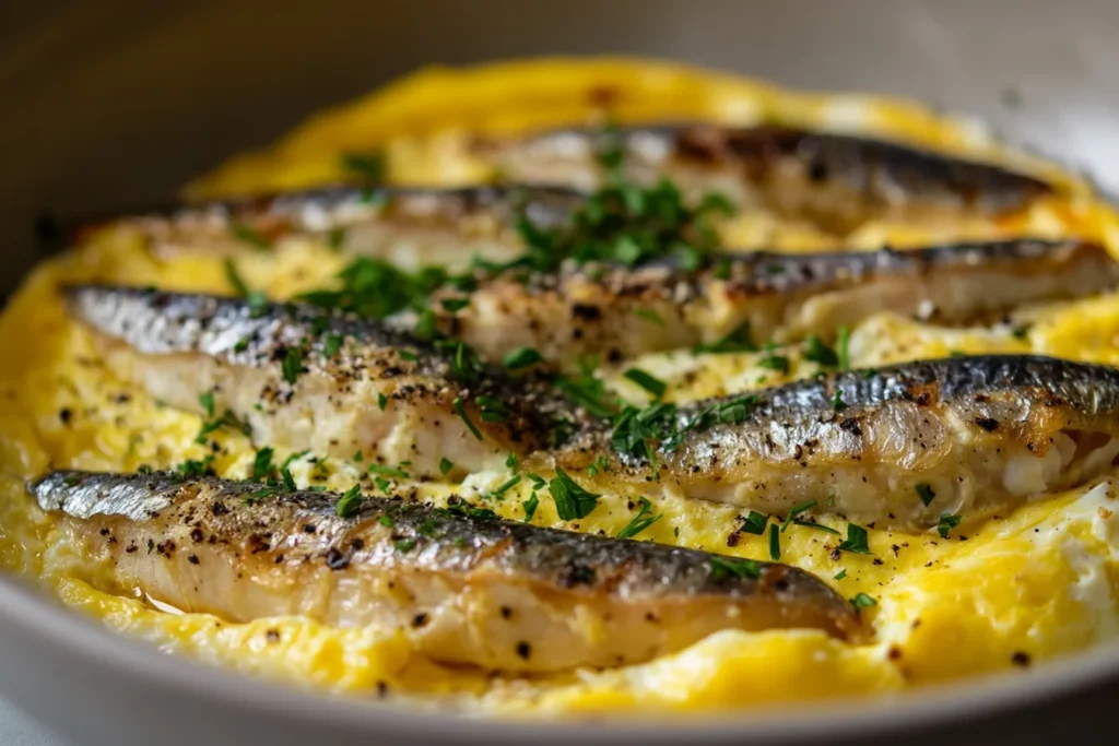 Sardines with egg on toast, a healthy meal.