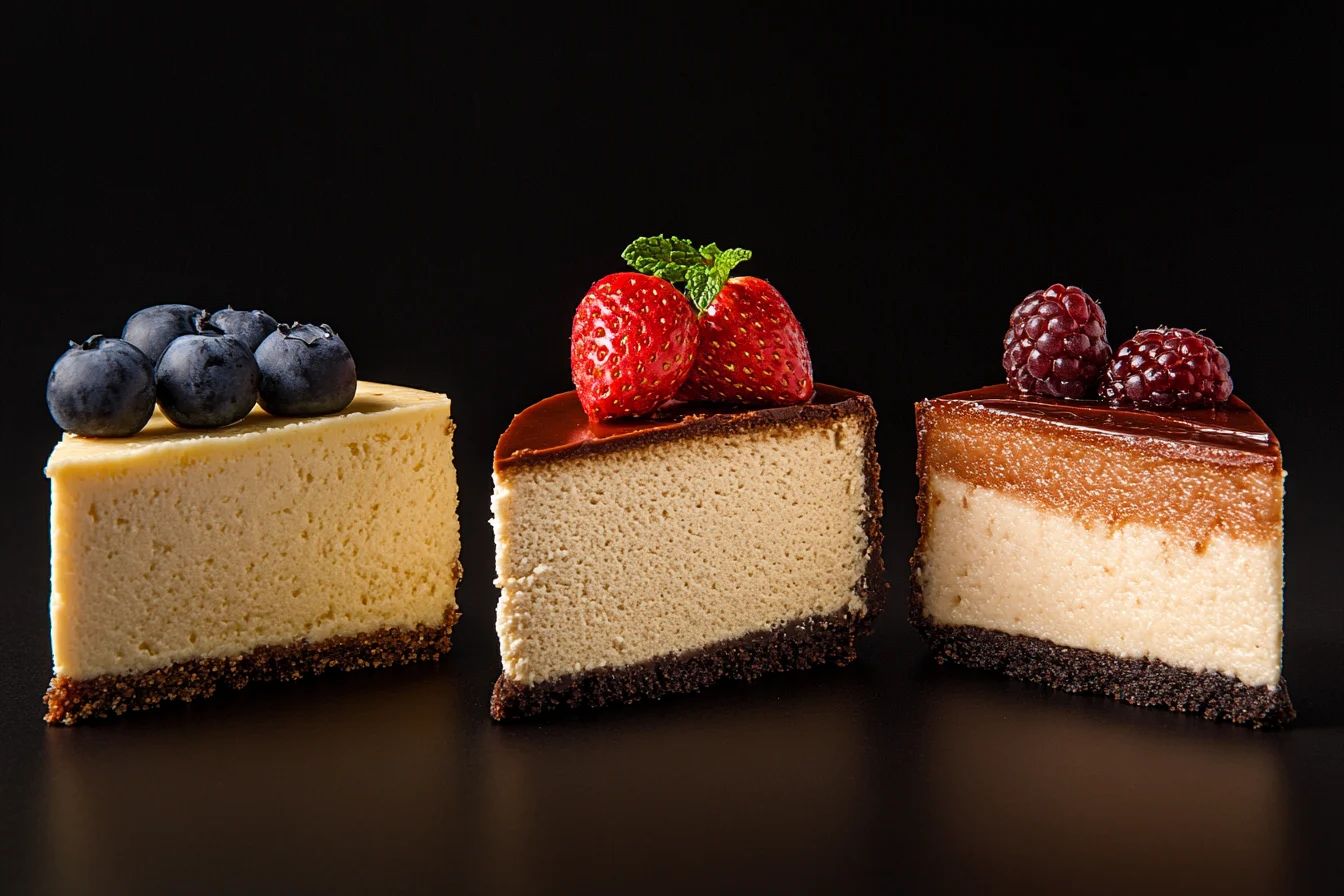 Three Types of Cheesecake side by side, a dessert comparison.
