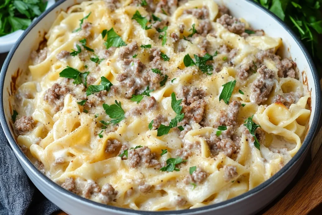 A plate of delicious ground beef alfredo.