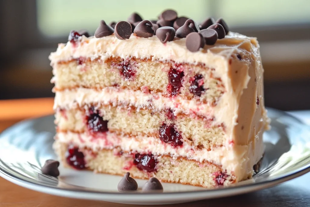 A freshly baked Cherry Chip Cake on a plate.