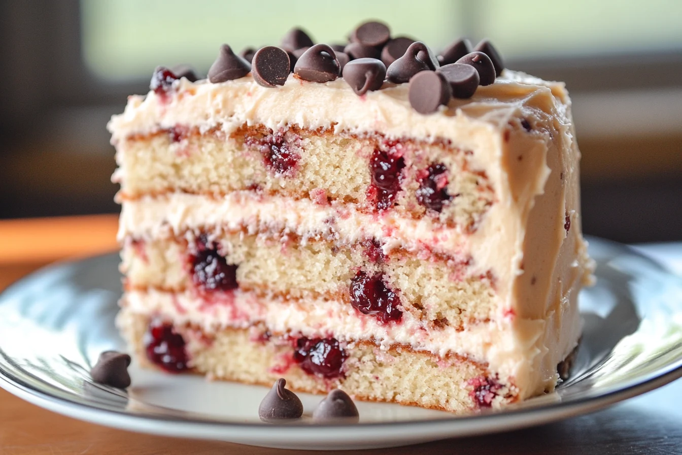 A freshly baked Cherry Chip Cake on a plate.