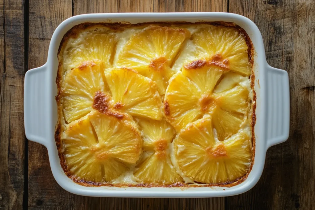 A freshly baked pineapple casserole recipe.