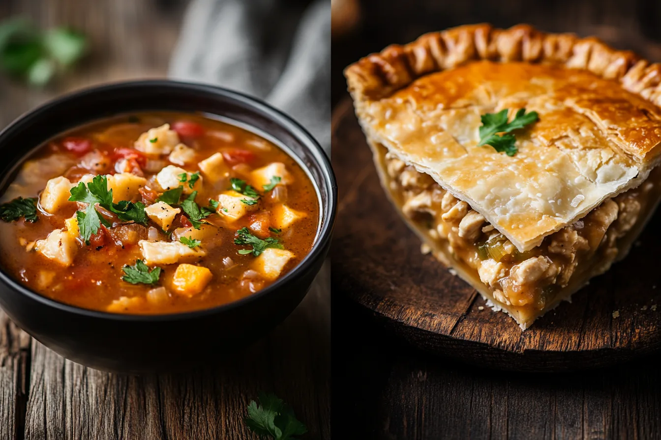 Tortilla soup and chicken pot pie side by side.