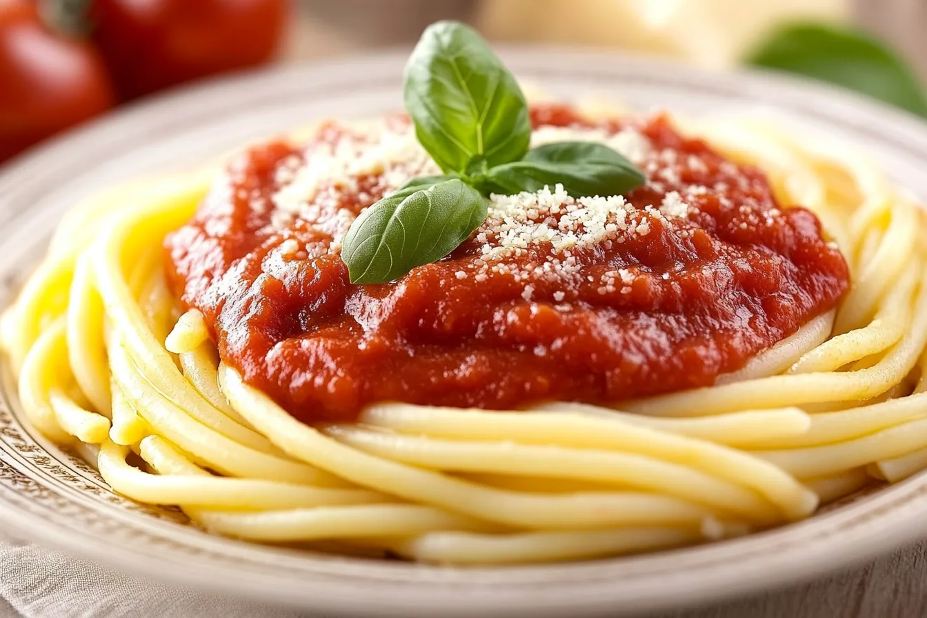 gemelli pasta with tomato sauce.