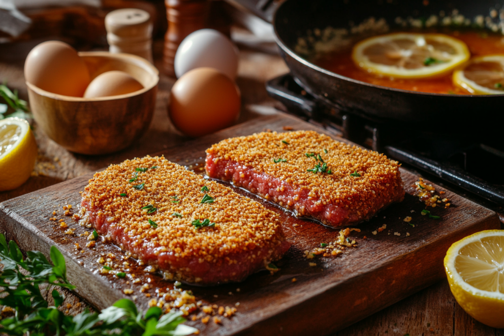 Crispy milanesa served with lemon and fries.