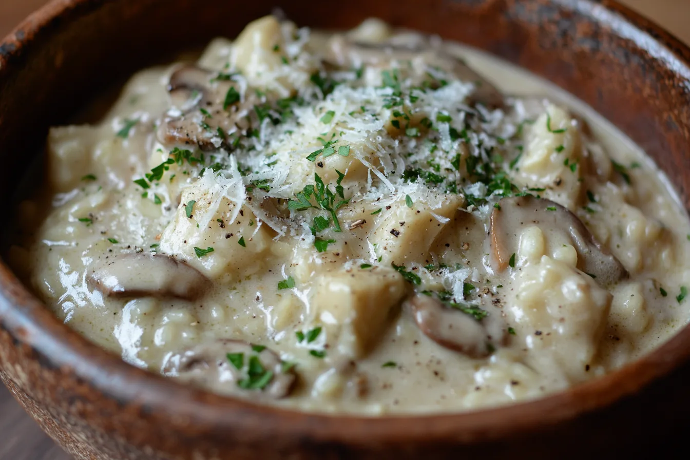 Mushroom risotto Italian with fresh herbs and cheese.