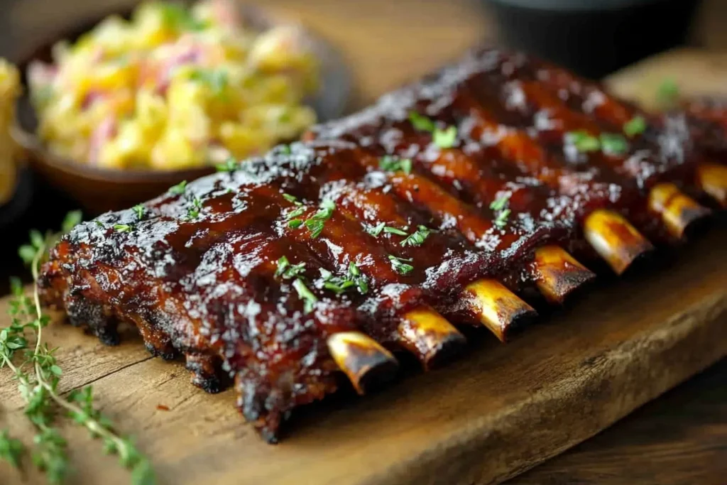 Close-up of cooked beef back ribs on a platter