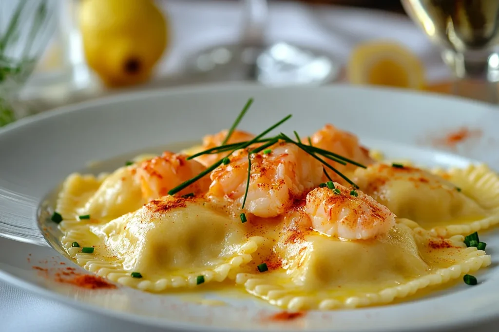 Delicious lobster ravioli dish served on a plate.