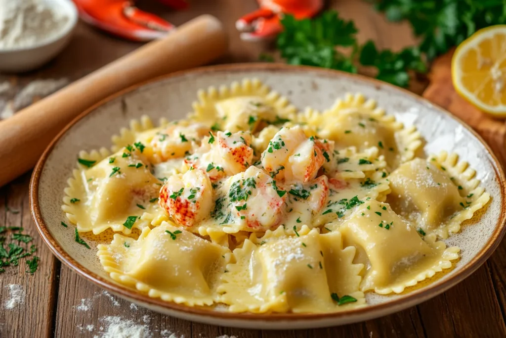 lobster ravioli dish served on a plate